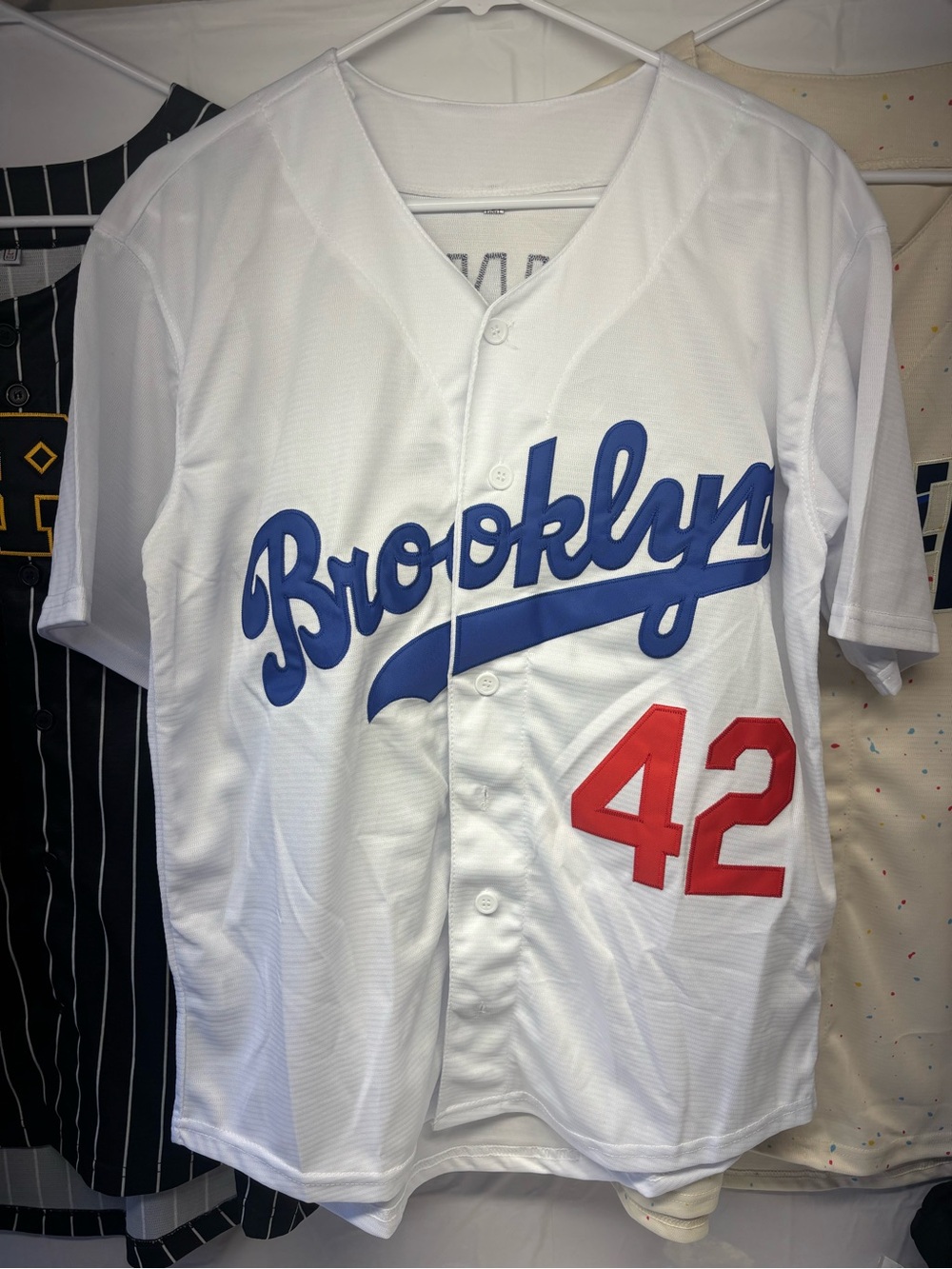 Brooklyn Script Baseball Jersey - White with Blue Script and Red Number 42